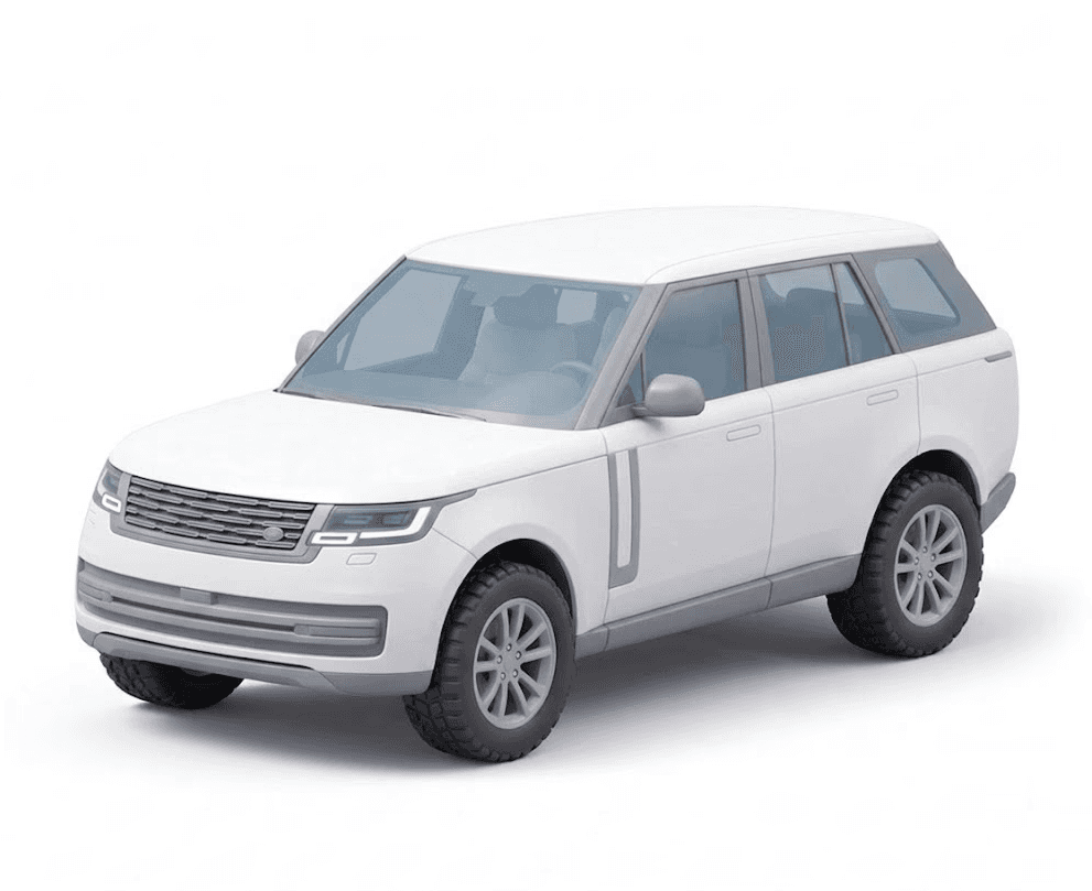 White SUV with gray trim and chunky tires, seen from the front left on a plain white background