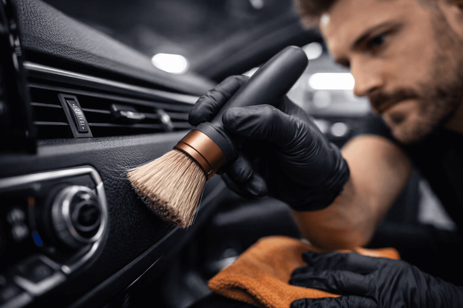 Detailer in black gloves brushing a car dashboard near the air vent, with an orange microfiber cloth in his other hand