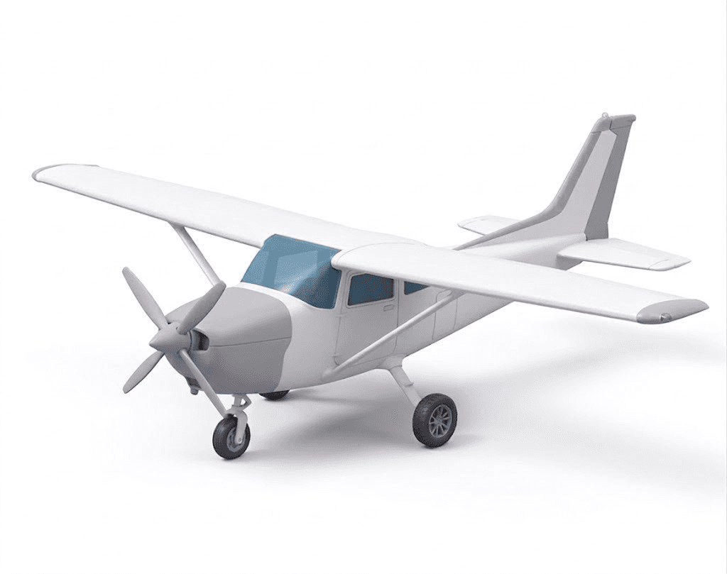 White and gray single-engine propeller plane with a high wing and blue-tinted windows, shown on a plain white background