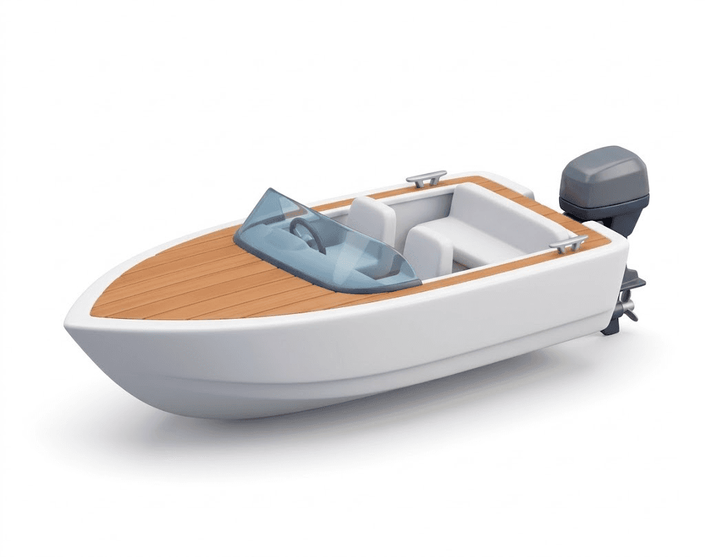 Illustration of a small white motorboat with a wood plank deck, blue windshield, white seats and a gray outboard motor