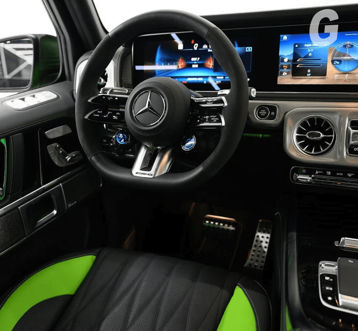 Car interior with a black steering wheel, dual digital screens and black leather seat with bright green side panels