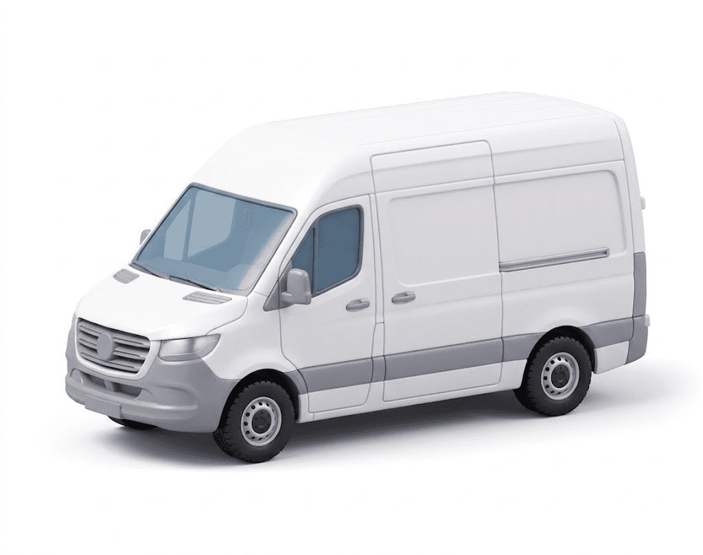 White cargo van with gray bumpers and blue tinted windows, seen from the front left on a plain white background