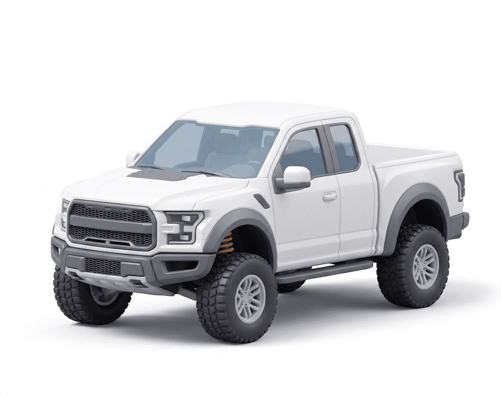 White pickup truck with a gray grille, fender flares and large off-road tires, shown on a plain white background