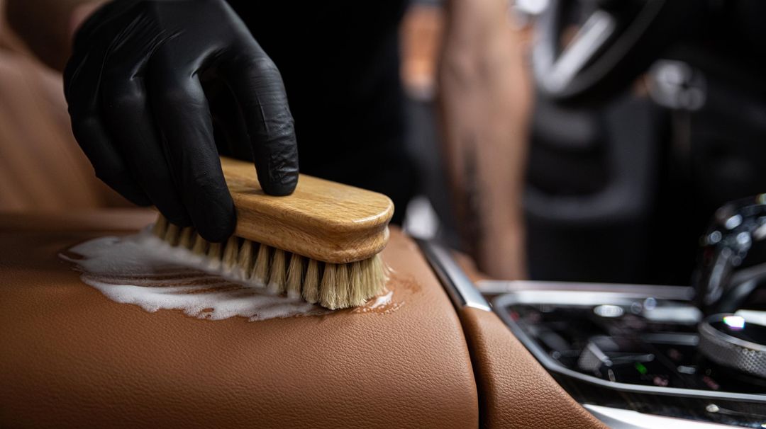 Gloved hand scrubbing tan leather car seat with a wooden brush and white foam, center console in the background