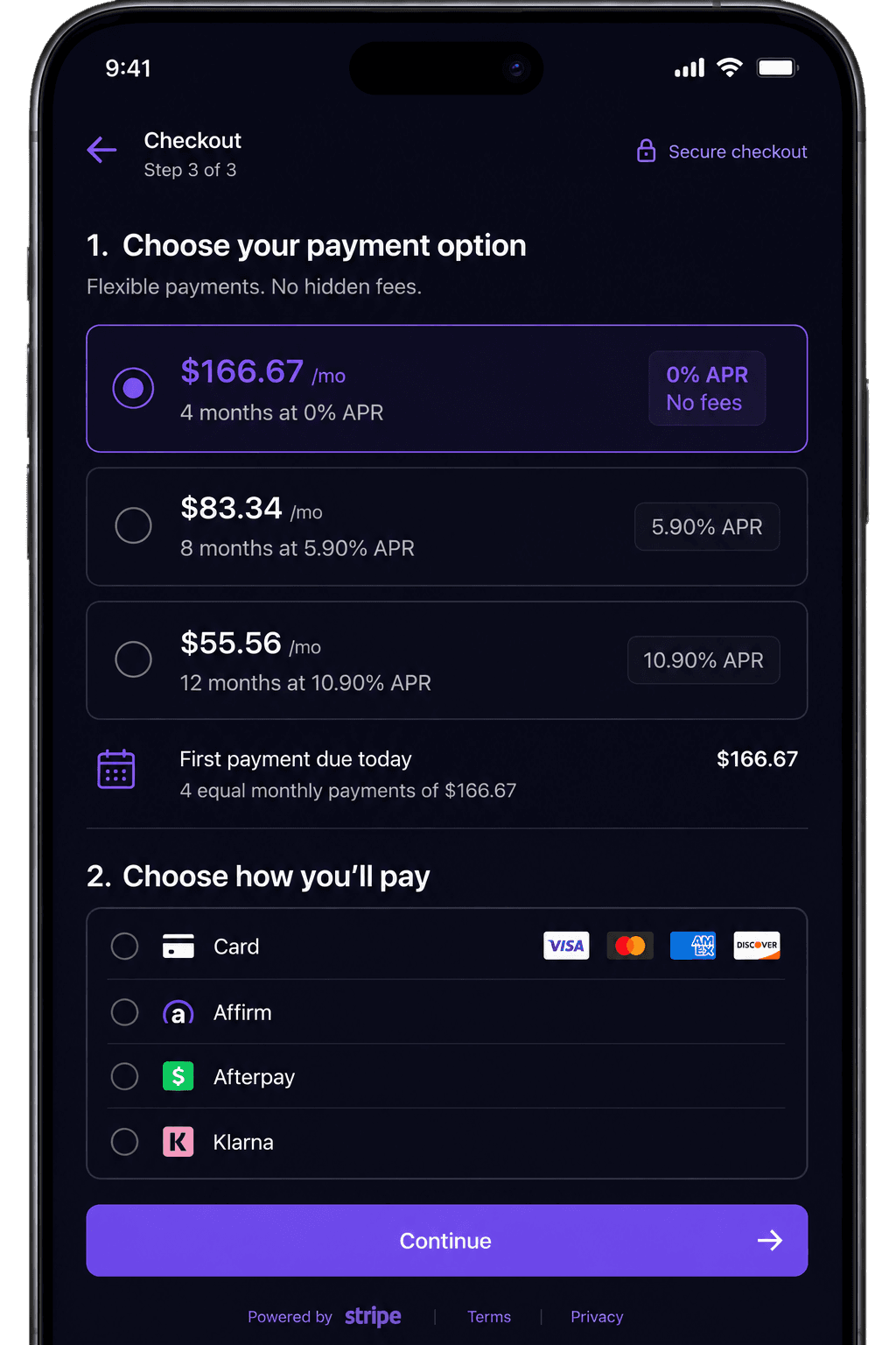 Phone screen showing a dark checkout page with three monthly payment plans, card and pay-later options, and a Continue button