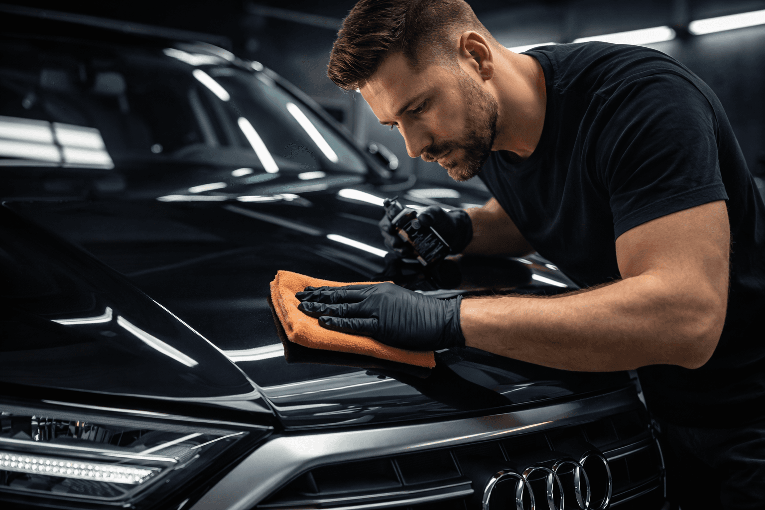 Man in black gloves and a black t-shirt wipes the hood of a glossy black car with an orange microfiber cloth