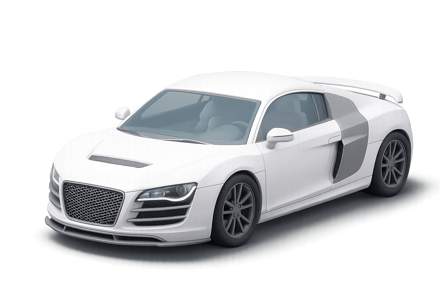 White two-door sports car with a mesh front grille, rear spoiler and dark alloy wheels, shown on a plain white background