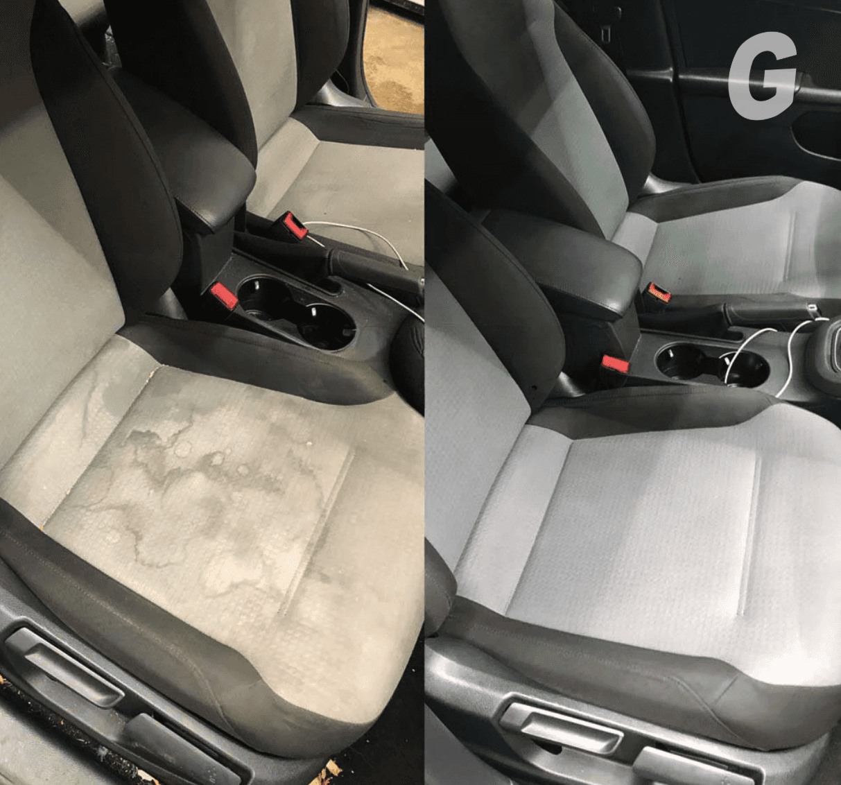 Before and after of a gray cloth car seat, with water stains on the left and a clean, even seat on the right