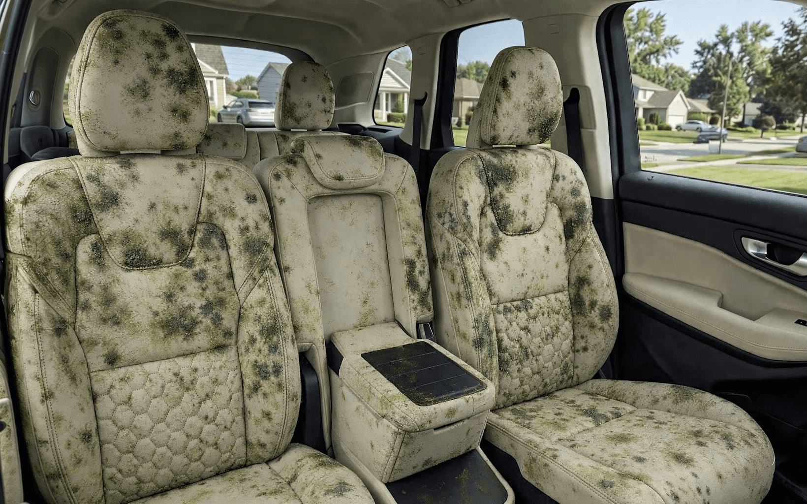 Cream car seats and center console covered in green and black mold stains, with a suburban street outside the windows
