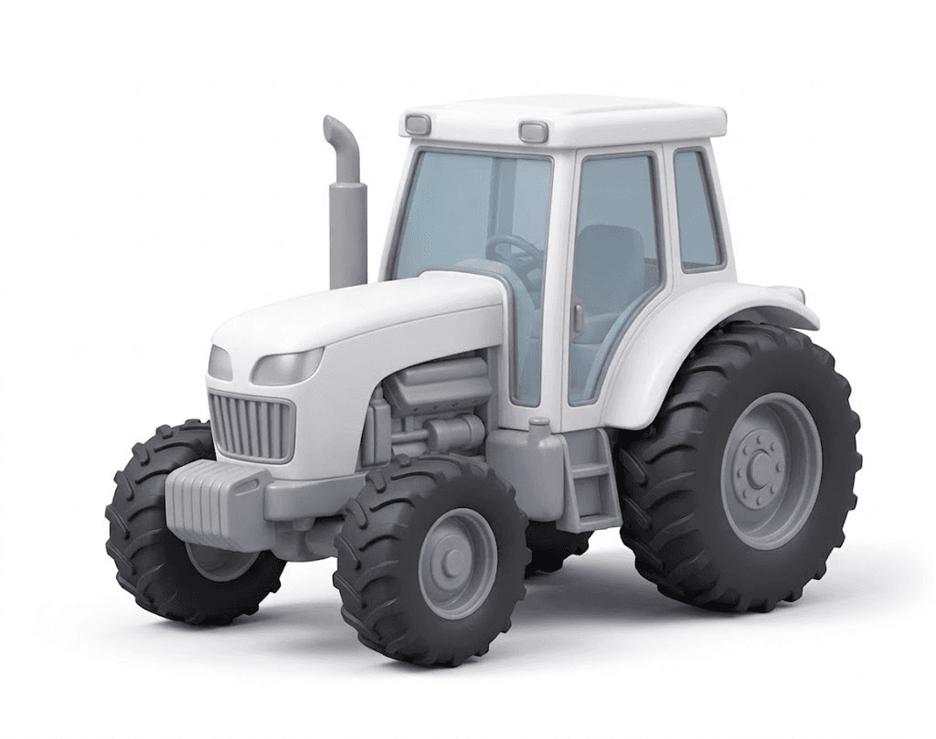 White and gray toy-style tractor with an enclosed glass cab, tall exhaust pipe and large dark treaded tires