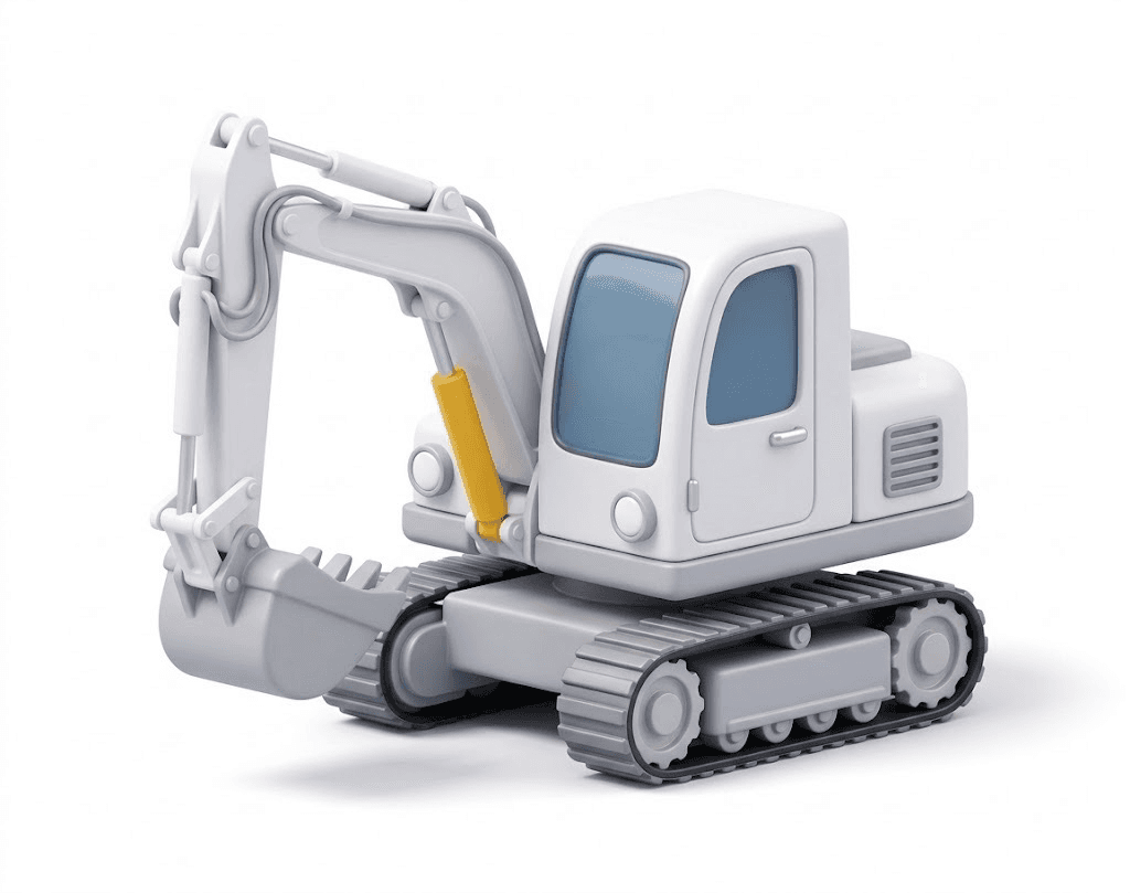 3D illustration of a small white and gray excavator with tracks, a raised arm and bucket, and one yellow hydraulic piston