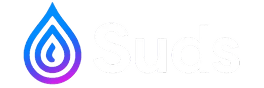 Logo with a blue and purple gradient water drop beside the white word Suds